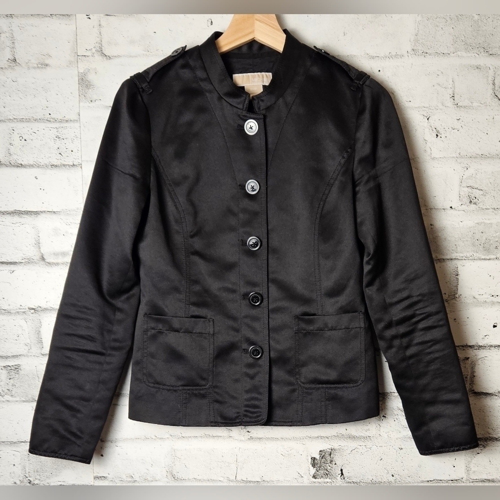 Michael Kors Black Satin Button Jacket – Women’s Small, Chic Lightweight Blazer